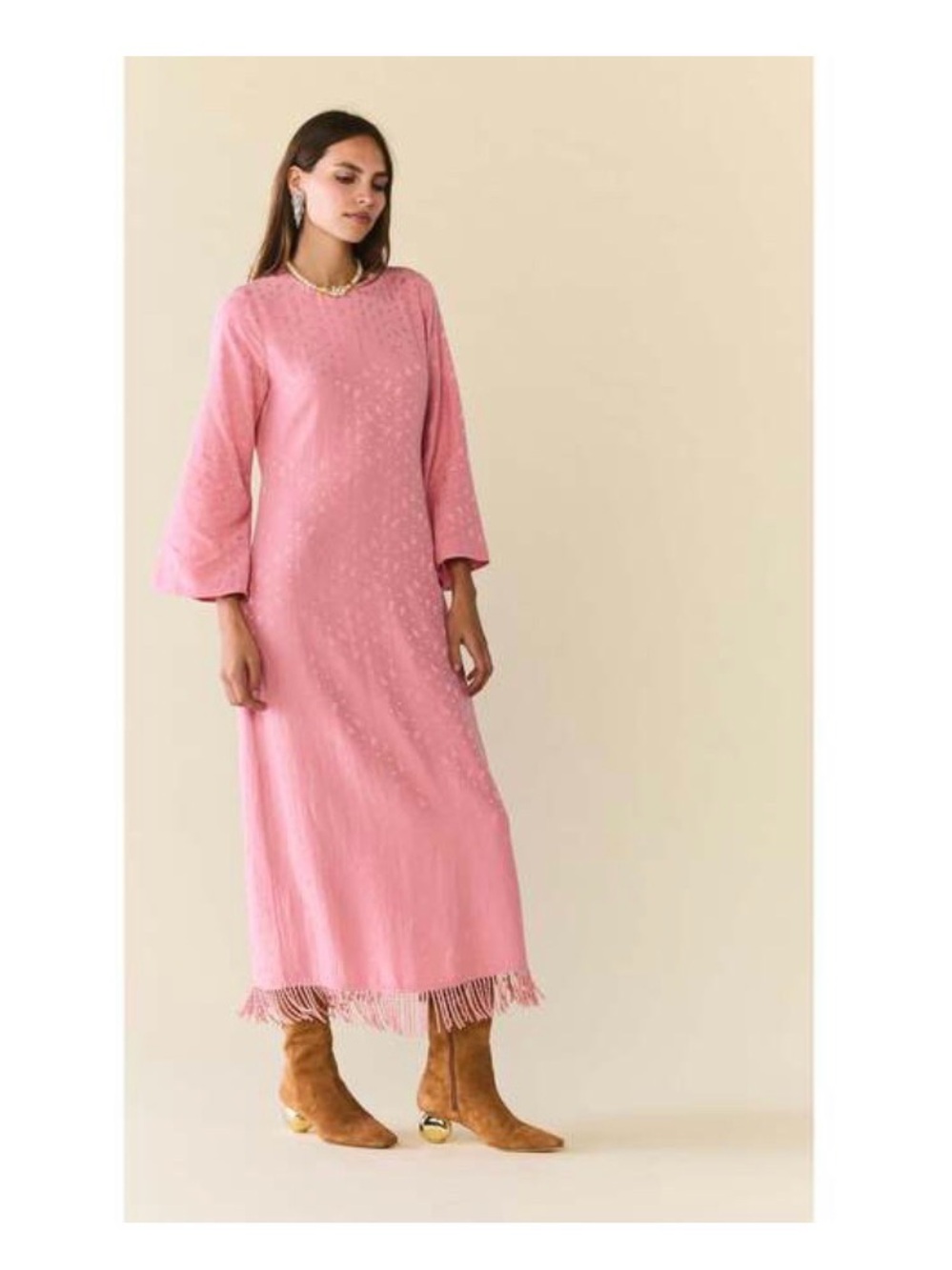 Pink Long Sleeve Fringe Hem Maxi Dress